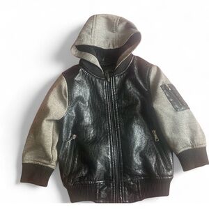💕 Urban republic black gray faux leather winter jacket hooded size 3t boy moto